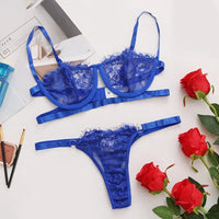Conjunto de Lencería Bordado con Encaje - Sujetador Push Up y Braguita Transparente