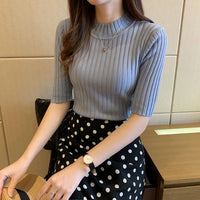 Half High Collar Short Sleeve Knit Pullover – Solid Women's Blouse