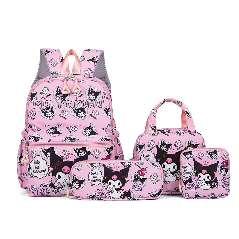 Set de 4 Piezas Mochila Escolar Kuromi Hello Kitty - Alta Capacidad para Niñas