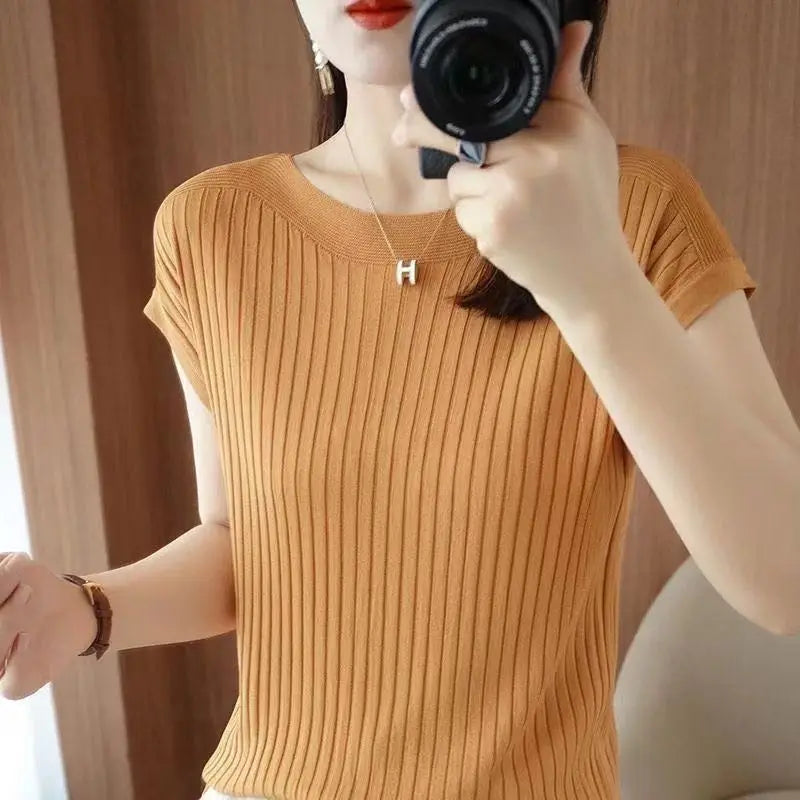 Slash Neck Short Sleeve Knit Pullover – Loose Fit Solid Women's Summer Sweater