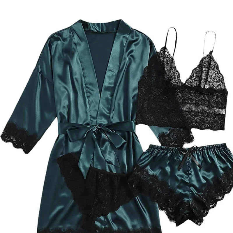 Conjunto Pijama Sexy 4 Piezas con Encaje - Camisola, Shorts, Bata y Lencería Mujer
