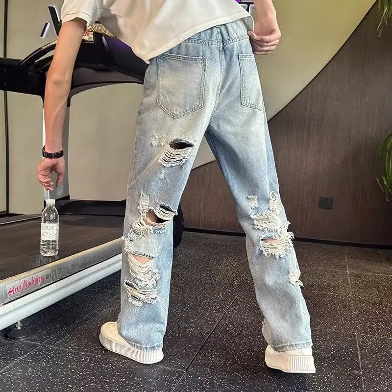 Men's Heavily Distressed Wide Leg Jeans | Low Rise Hip Hop Flare Denim with Big Rips