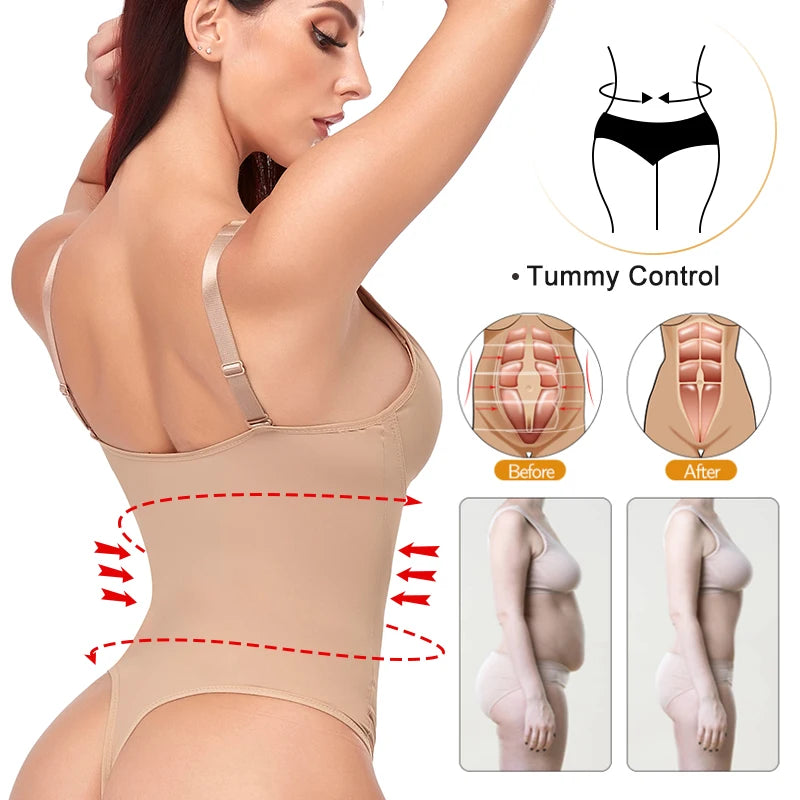Deep V-Neck Thong Bodysuit Shapewear with Built-In Bra & Waist Trainer