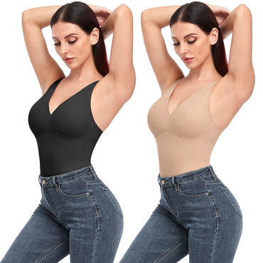 Deep V-Neck Thong Bodysuit Shapewear with Built-In Bra & Waist Trainer