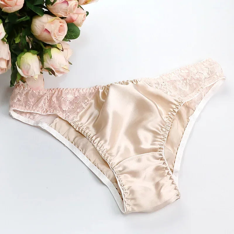 100% Mulberry Silk Panties – Lace G-String Underwear for Women | Breathable & Antibacterial (M–XXL)