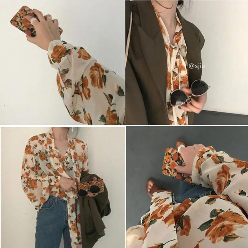 Retro Floral Lace-Up Bow Collar Long Sleeve Blouse – Korean Style Women's Top