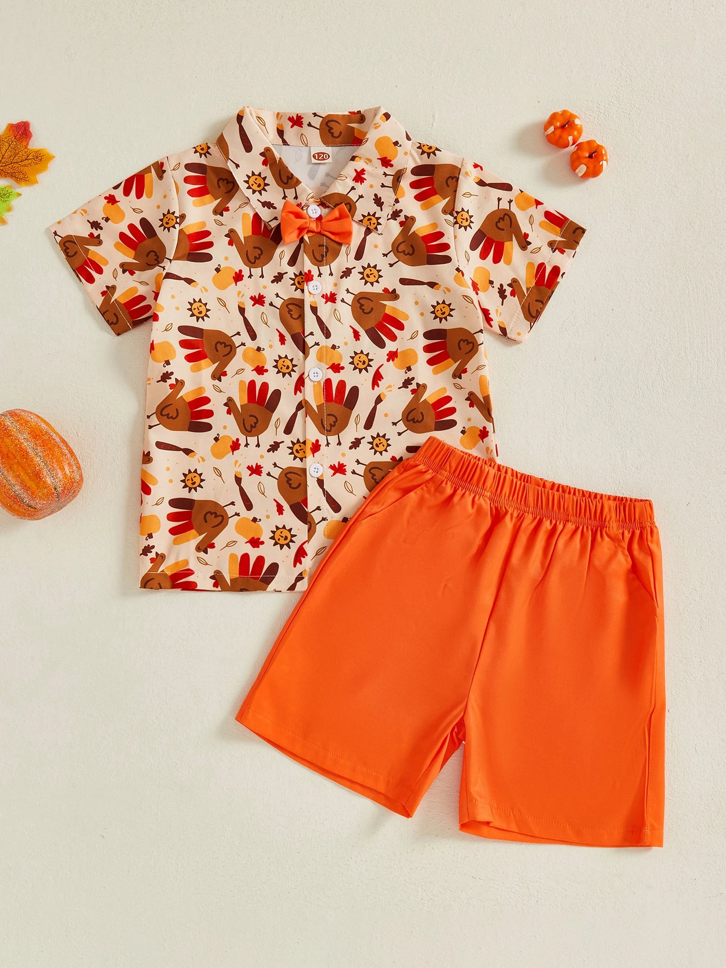Baby Boys Thanksgiving Outfit Set Turkey and Pumpkin Print Long Sleeve Lapel Shirt Solid Shorts 2 Piece Clothes Set
