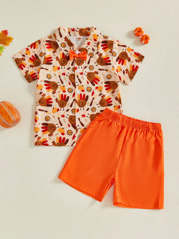 Baby Boys Thanksgiving Outfit Set Turkey and Pumpkin Print Long Sleeve Lapel Shirt Solid Shorts 2 Piece Clothes Set