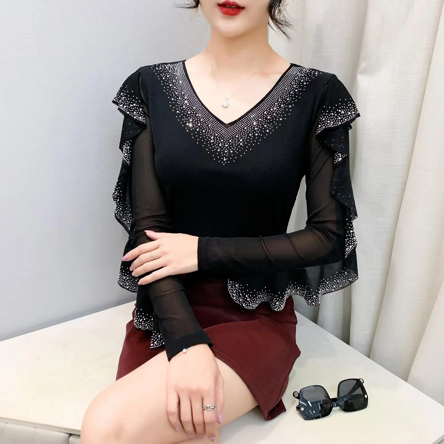 Women's Long Sleeve V-Neck Top | Flounce Sleeves, Lace & Sequin Detail, Slim Fit