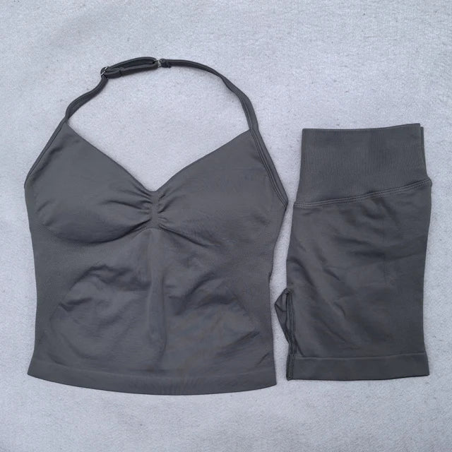 Conjunto Yoga 2 Piezas Mujer - Top Halter Sin Espalda y Shorts Cintura Alta Seamless