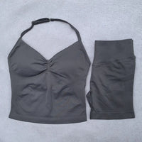 Conjunto Yoga 2 Piezas Mujer - Top Halter Sin Espalda y Shorts Cintura Alta Seamless