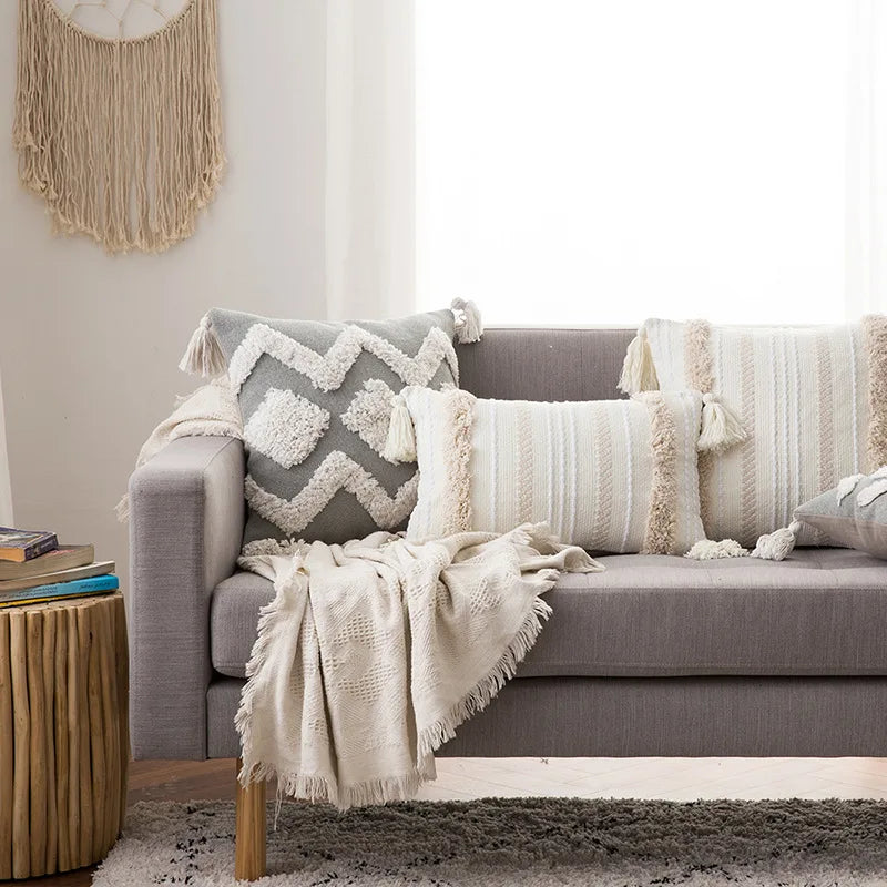 Boho Tufted Throw Pillow Cover with Tassels | Neutral Woven Cushion Case