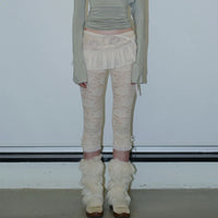 Leggings de Encaje Transparente Estilo Y2K - Mallas Capri con Malla Floral y Lazo Decorativo