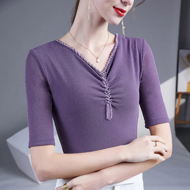 Embroidered Diamond Lace Long Sleeve Top – Loose Fit O-Neck Women's Tee