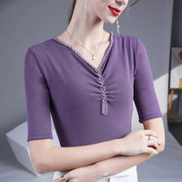 Embroidered Diamond Lace Long Sleeve Top – Loose Fit O-Neck Women's Tee
