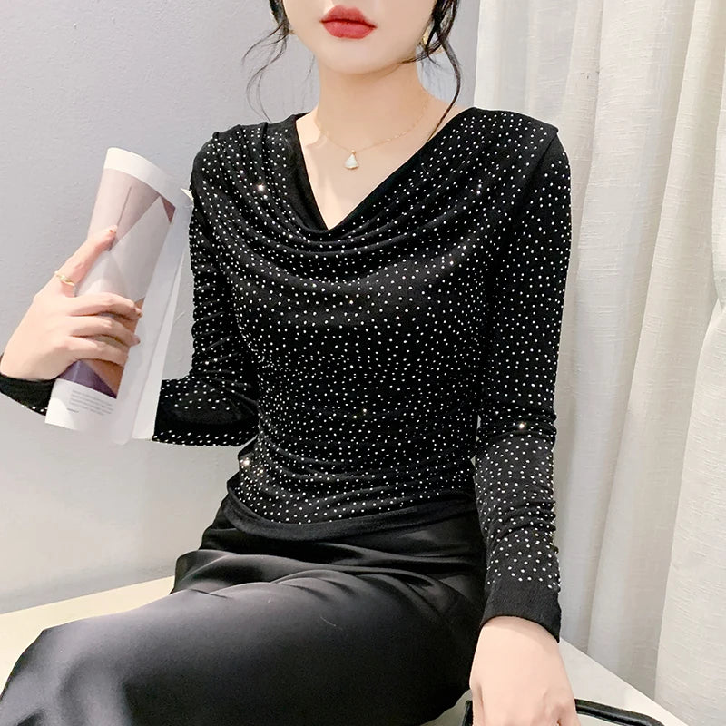 V-Neck Hot Diamond Long Sleeve T-Shirt | Slim Fit Shiny Women's Top