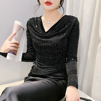 V-Neck Hot Diamond Long Sleeve T-Shirt | Slim Fit Shiny Women's Top