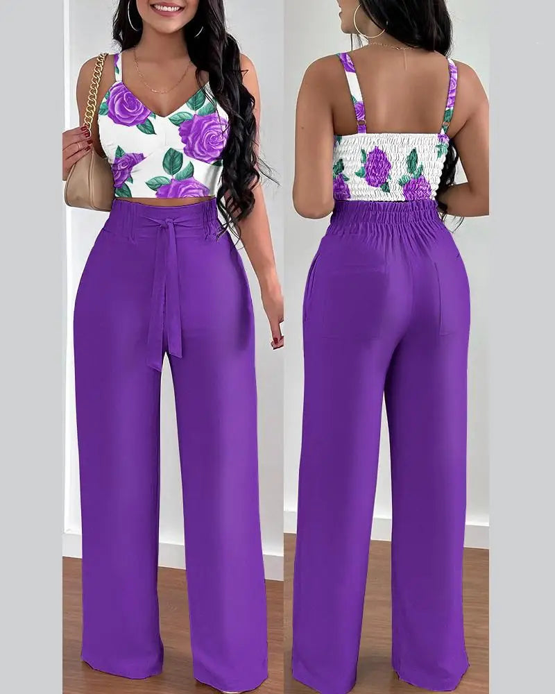 Women's V-Neck Shirred Crop Top & Wide Leg Pants Set | Elegant 2-Piece Office Suit