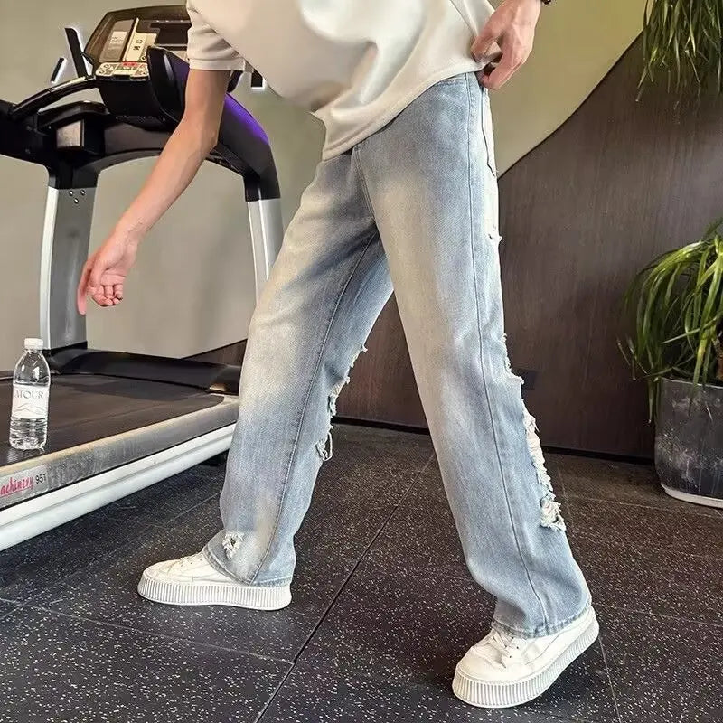 Men's Heavily Distressed Wide Leg Jeans | Low Rise Hip Hop Flare Denim with Big Rips