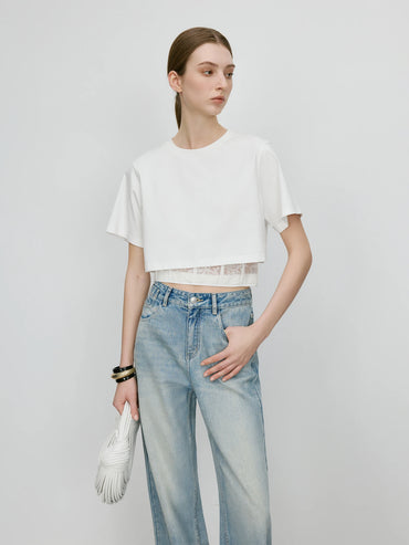 Blusa Crop Top Mujer con Encaje - Camiseta Corta Elegante Verano 2025