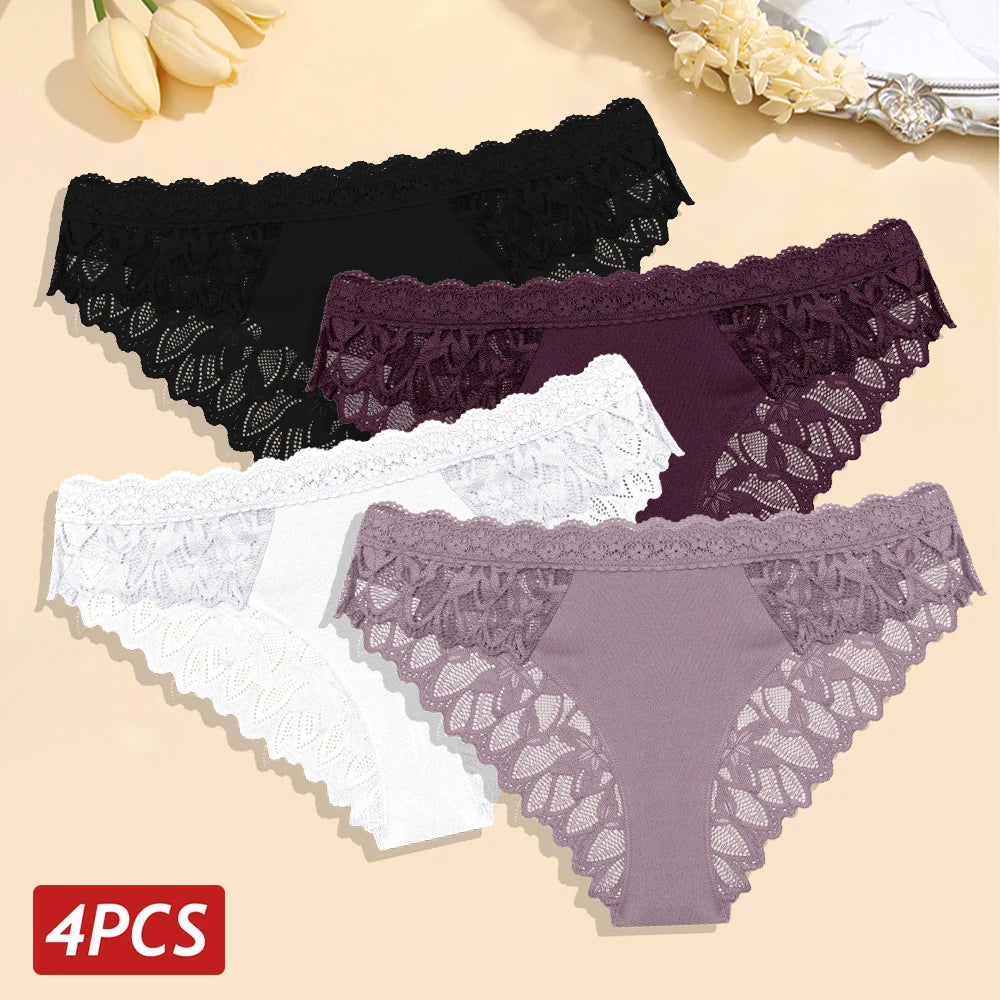 Set 4 Panties Sexy de Encaje Floral - Lencería Transparente Tiro Bajo