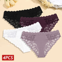 Set 4 Panties Sexy de Encaje Floral - Lencería Transparente Tiro Bajo