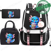 Mochila Escolar Anime Boba Axolotl con Lonchera y Estuche - Set 3 Piezas para Adolescentes