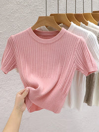 Korean Knit Slim Fit T-Shirt – Solid Color Short Sleeve Women's Streetwear Tee