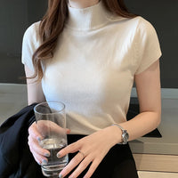 Korean Knit Slim Turtleneck Blouse – Solid Short Sleeve Women's Top