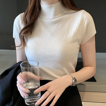 Korean Knit Slim Turtleneck Blouse – Solid Short Sleeve Women's Top