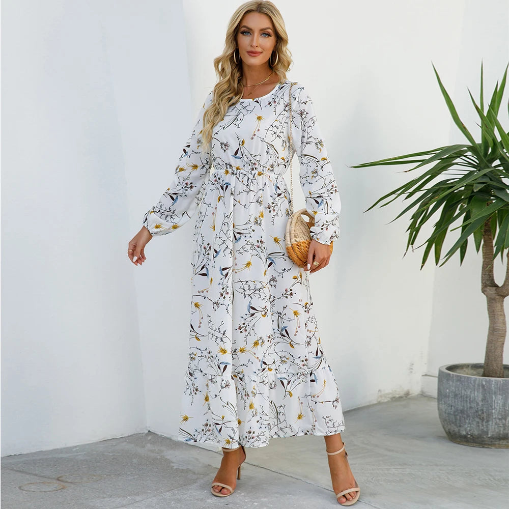 Vestido Maxi Mujer Bohemio - Manga Larga Cintura Alta Estampado Floral Chiffon Playa