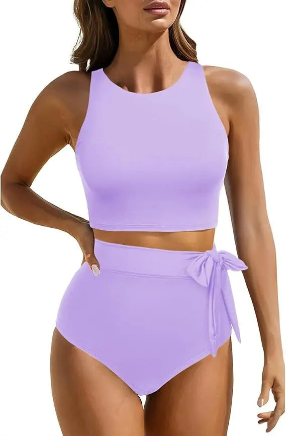 Women's High Waist Bandeau Bikini Set | Solid Color Sporty Swimwear | 2-Piece