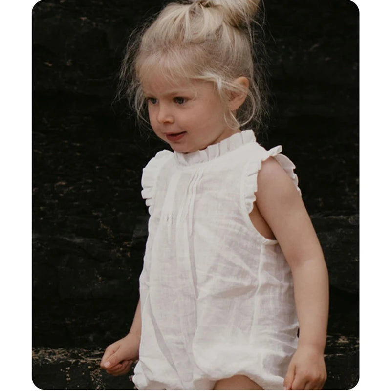 Baby Girls Vintage Linen & Cotton Ruffle Romper | Sleeveless Bodysuit, Ages 0–24M