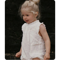 Baby Girls Vintage Linen & Cotton Ruffle Romper | Sleeveless Bodysuit, Ages 0–24M