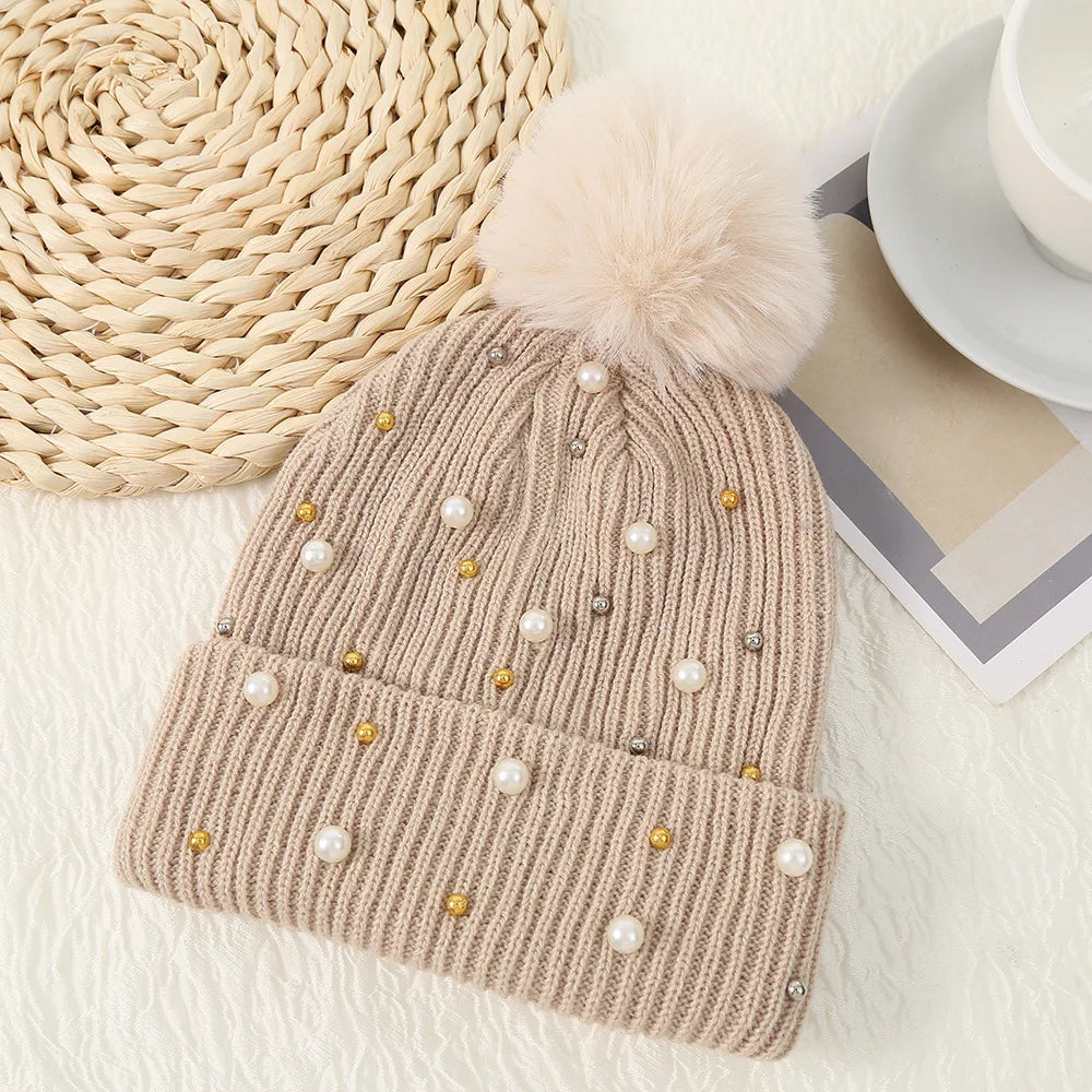 Gorro Invierno Mujer con Pompones y Perlas - Beanie Lana Tejido Cálido y Elegante