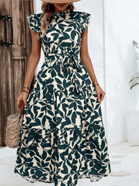Floral Flying Sleeve Lace-Up Midi Dress | Elegant A-Line Empire Waist Women's Summer Dress