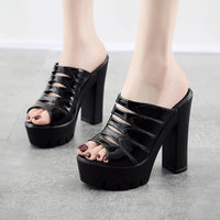 Big Size 32-43 Patent Leather Slippers Women Wedding Shoes Summer 2026 High Heels Slides Ladies Block Heel Platform Slippers