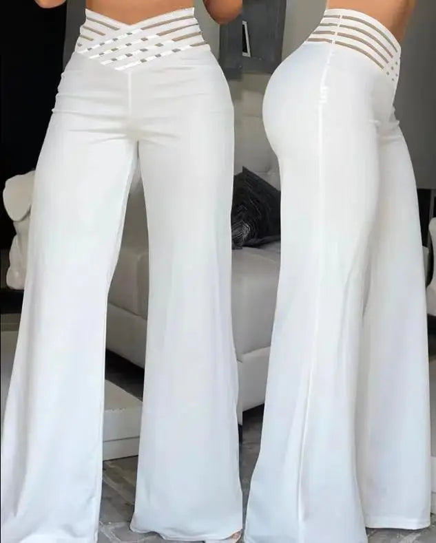 High Waist Loose Long Pants Wide Leg Pants Hollow out Belt Casual Loose Fit Ladies Fashion Polyester Fiber Printed