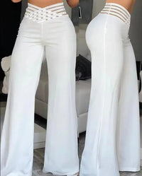High Waist Loose Long Pants Wide Leg Pants Hollow out Belt Casual Loose Fit Ladies Fashion Polyester Fiber Printed