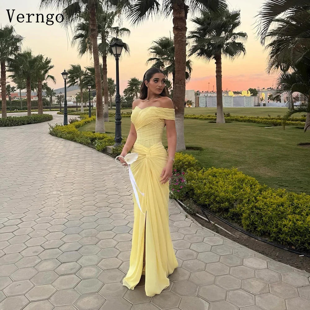 Verngo Yellow Chiffon Evening Dress - Off Shoulder Mermaid Gown with Slit