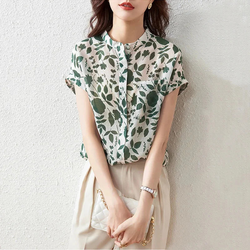 Floral Print Stand Collar Short Sleeve Blouse – Casual Women's Summer Top