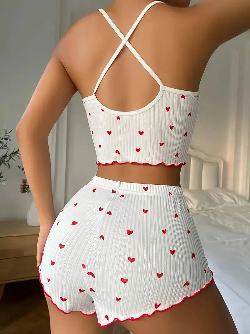 Pijama Mujer 2 Piezas Estampado Corazones - Conjunto Sexy Camisola y Shorts con Encaje