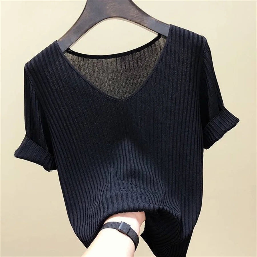 V-Neck Short Sleeve Knit Blouse – Solid High-Stretch Women's Pullover Top