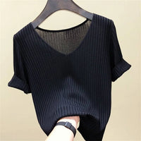 V-Neck Short Sleeve Knit Blouse – Solid High-Stretch Women's Pullover Top