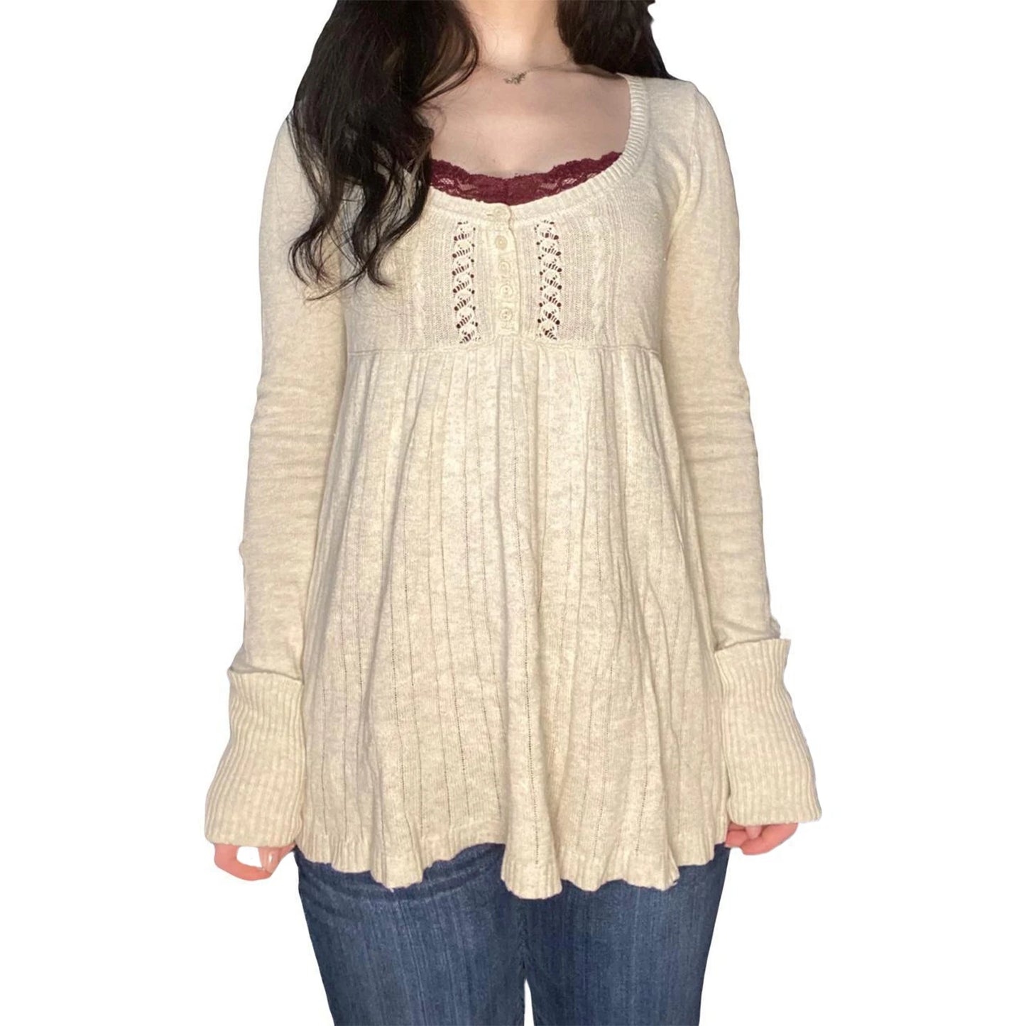 Elegant Women s Fall Knitwear Stylish Long Sleeve Tunic Sweater with Button Detail and Square Neckline