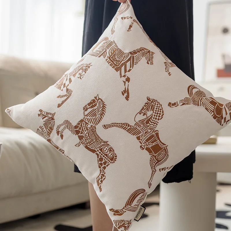 Retro Horse Jacquard Cushion Cover Set of 2 | Black White & Brown Sofa Pillow Cases