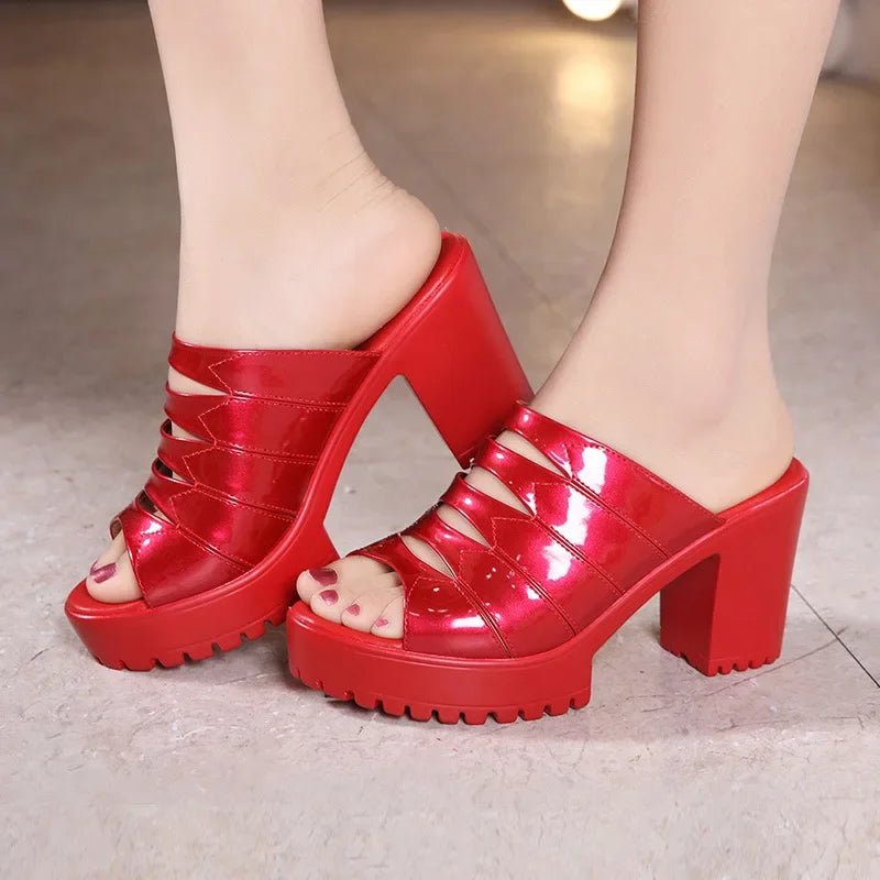 Women Retro Sandals  Summer Fashion High Heel Platform Slippers Outdoor Bright Leather Comfort Peep Toe Casual Sandals Shoes