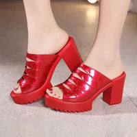 Women Retro Sandals  Summer Fashion High Heel Platform Slippers Outdoor Bright Leather Comfort Peep Toe Casual Sandals Shoes