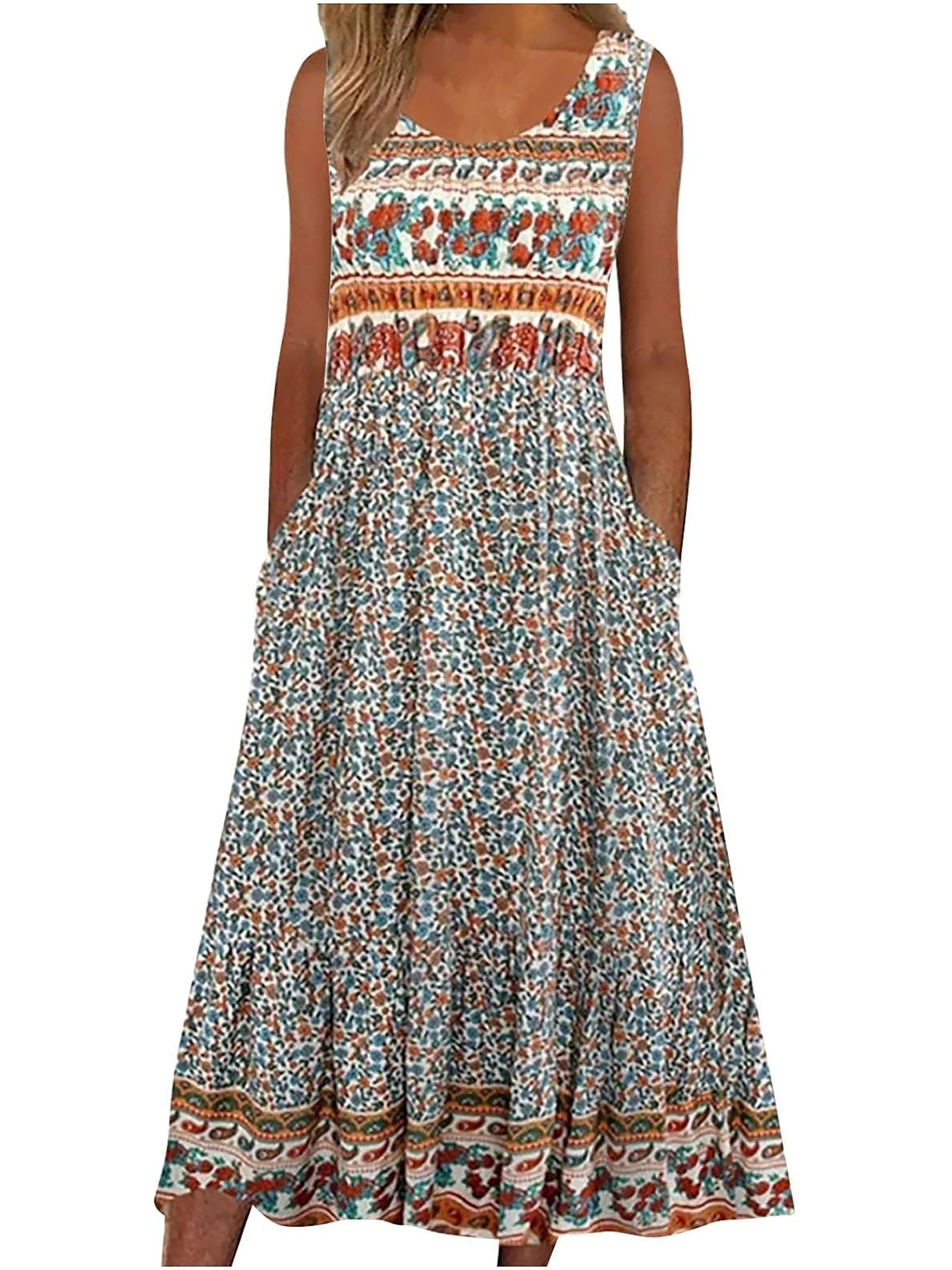 Bohemian Floral Sleeveless Midi Sundress with Pockets | Loose Casual Beach Women's Dress