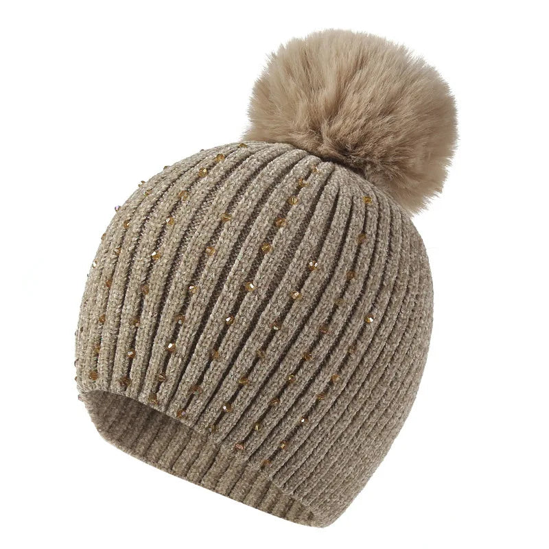 Gorro Invierno Mujer con Pompones y Perlas - Beanie Lana Tejido Cálido y Elegante